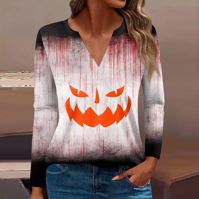 Women's T Shirt Tee Print Button Long Sleeve Daily Weekend Fashion Basic V Neck