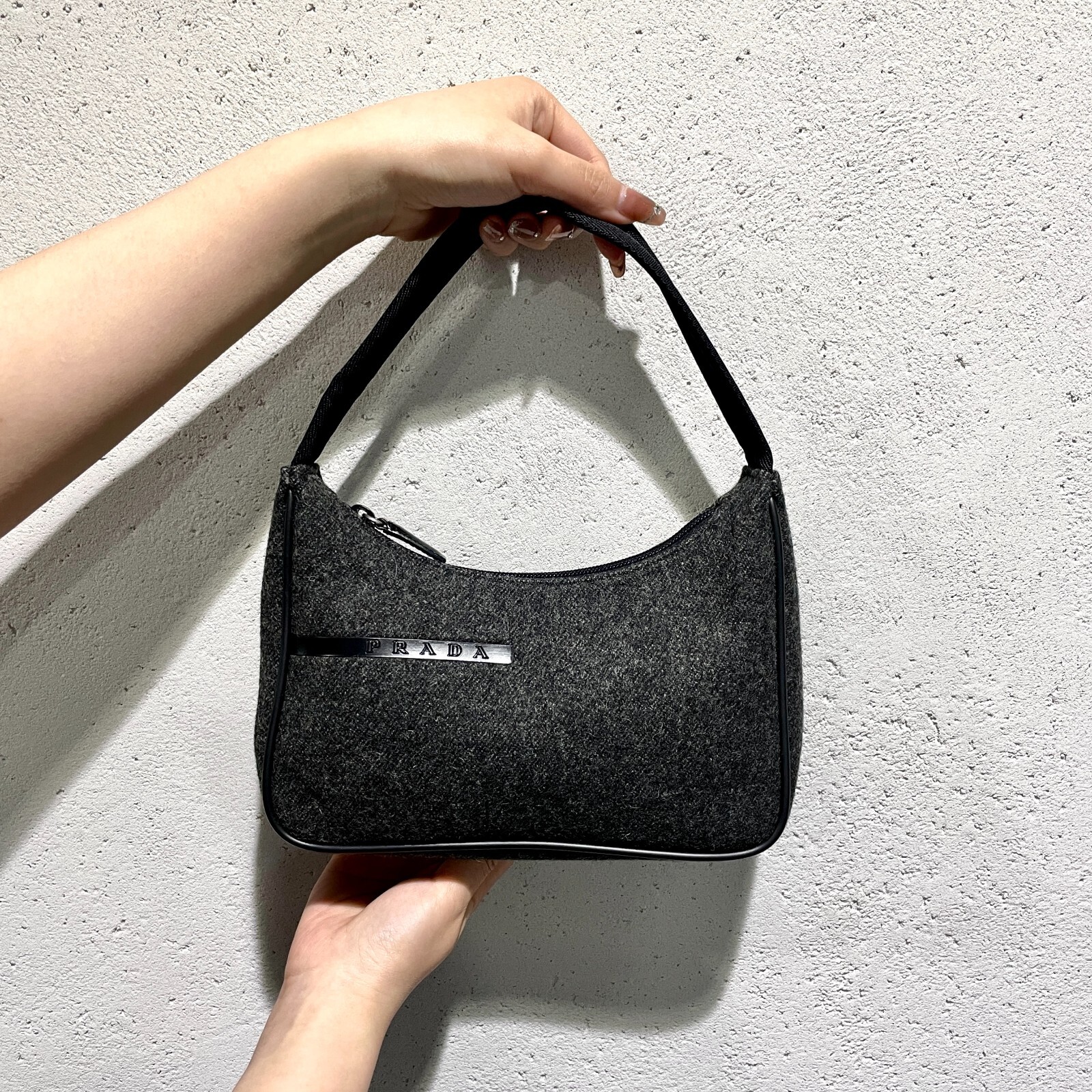 Auth PRADA Small Tessuto Sport HOBO Hand Bag Wool Dark Gray Auth PRADA Small Tessuto Sport HOBO Hand Bag Wool Dark Gray