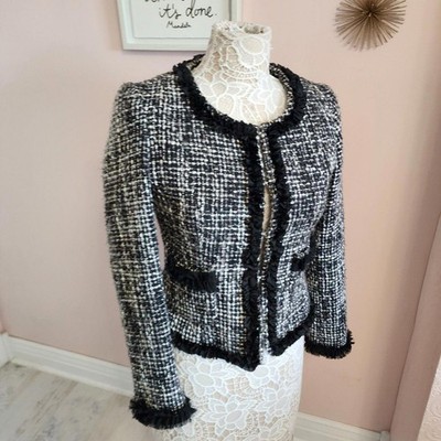 LKNW Rachel Adams tweed black white blazer ruffle trim unique fun 8
