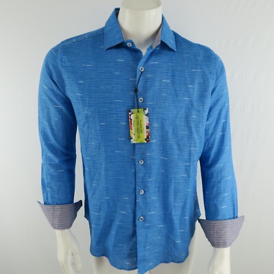 Robert Graham Flip Cuff Button Up Shirt Men's Sz Small Classic Blue Linen/Cotton