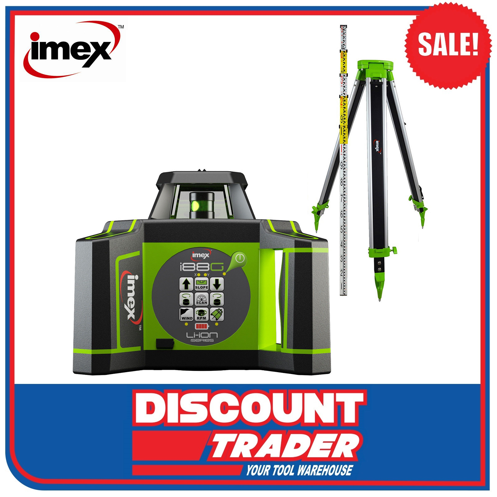 Imex Rotating Laser Level Green Beam Kit with Tripod & Staff I88GK