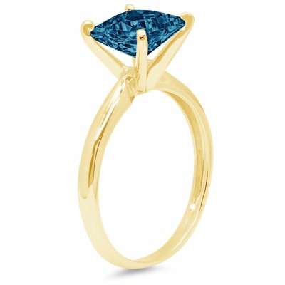 Pre-owned Pucci 2 Princess Cut Designer Statement Bridal Royal Blue Topaz Ring 14k Yellow Gold