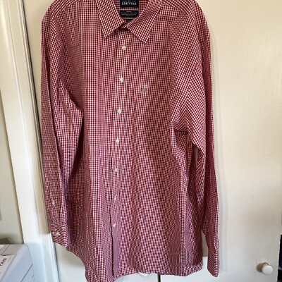 Stafford Mens Dress Shirt 17 34/35 Red Check Lg Sleeve Point Collar Travel Perfo