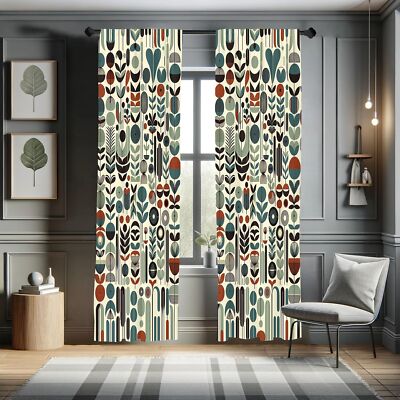 Leafy Art Curtains, Scandinavian Leaves Pattern with Geometric Roundy Modern ...
