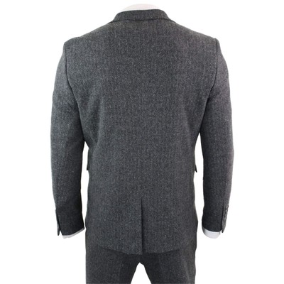 Pre-owned Truclothing Mens Grey Black 3 Piece Tweed Suit Herringbone Wool Vintage Retro In Charcoal