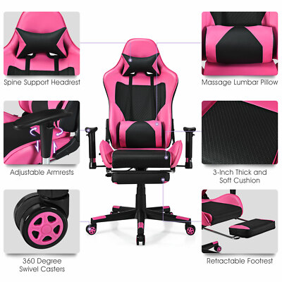 Massage Gaming Chair Reclining Racing Office Computer Chair with Footrest Pink