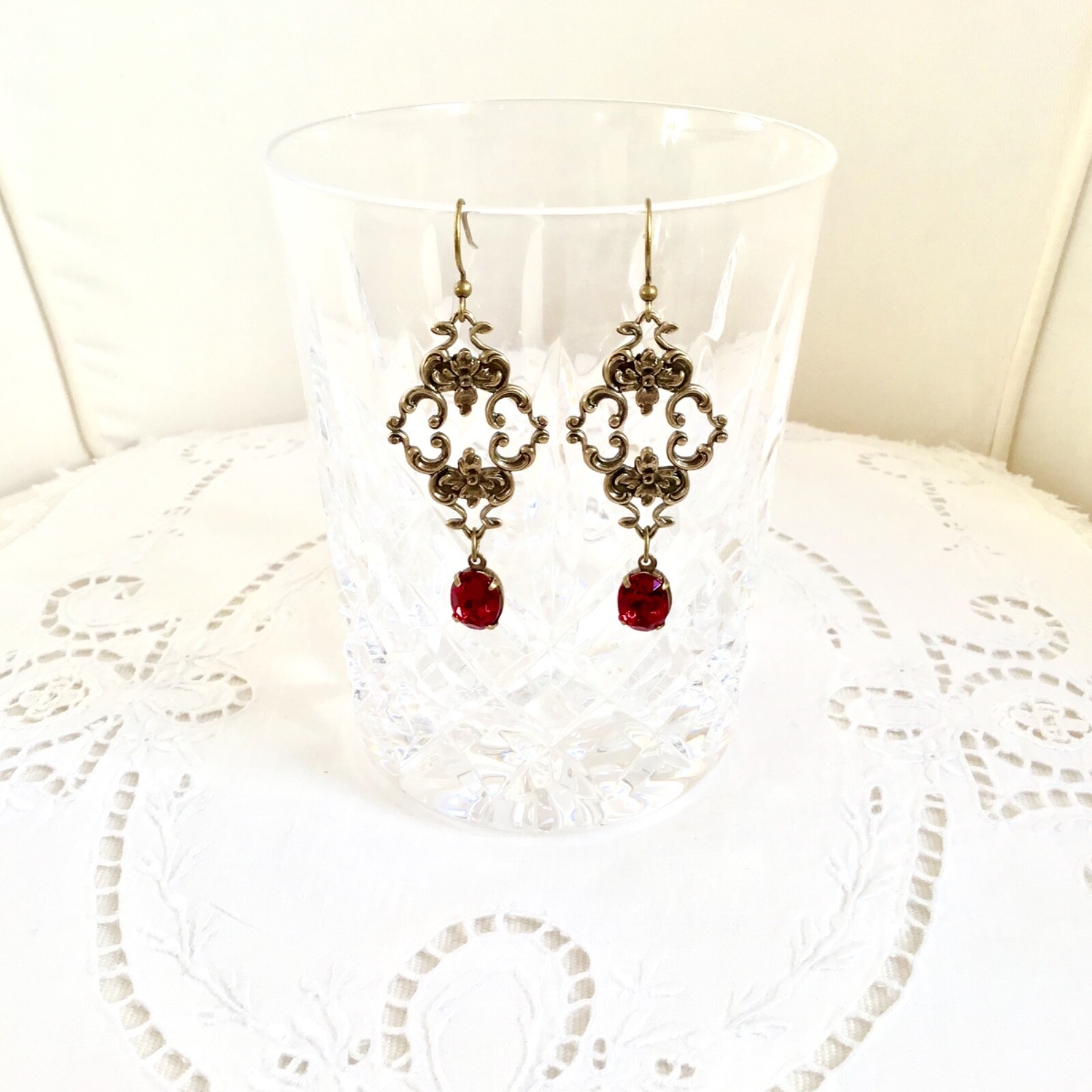 Vintage Swarvorski Crystals adorn Victorian French Baroque Filagree earrings.