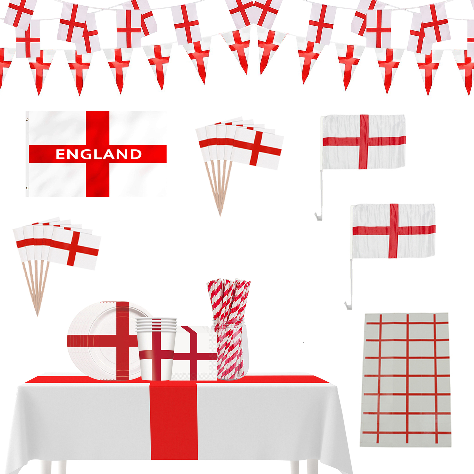England Party Decor Set Tableware Plates Cups Flags Balloons Bunting St George