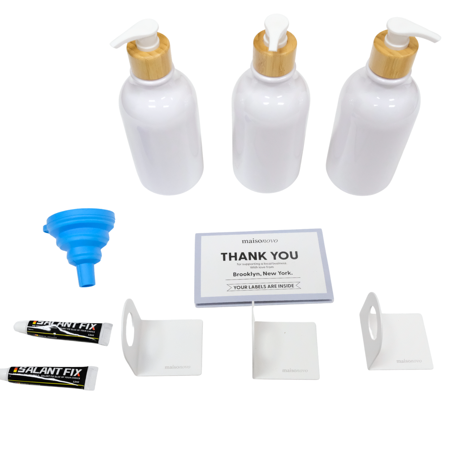 MaisoNovo 3x 16oz White Shower Dispenser w/ Metal Wall Mount, Funnel, Labels