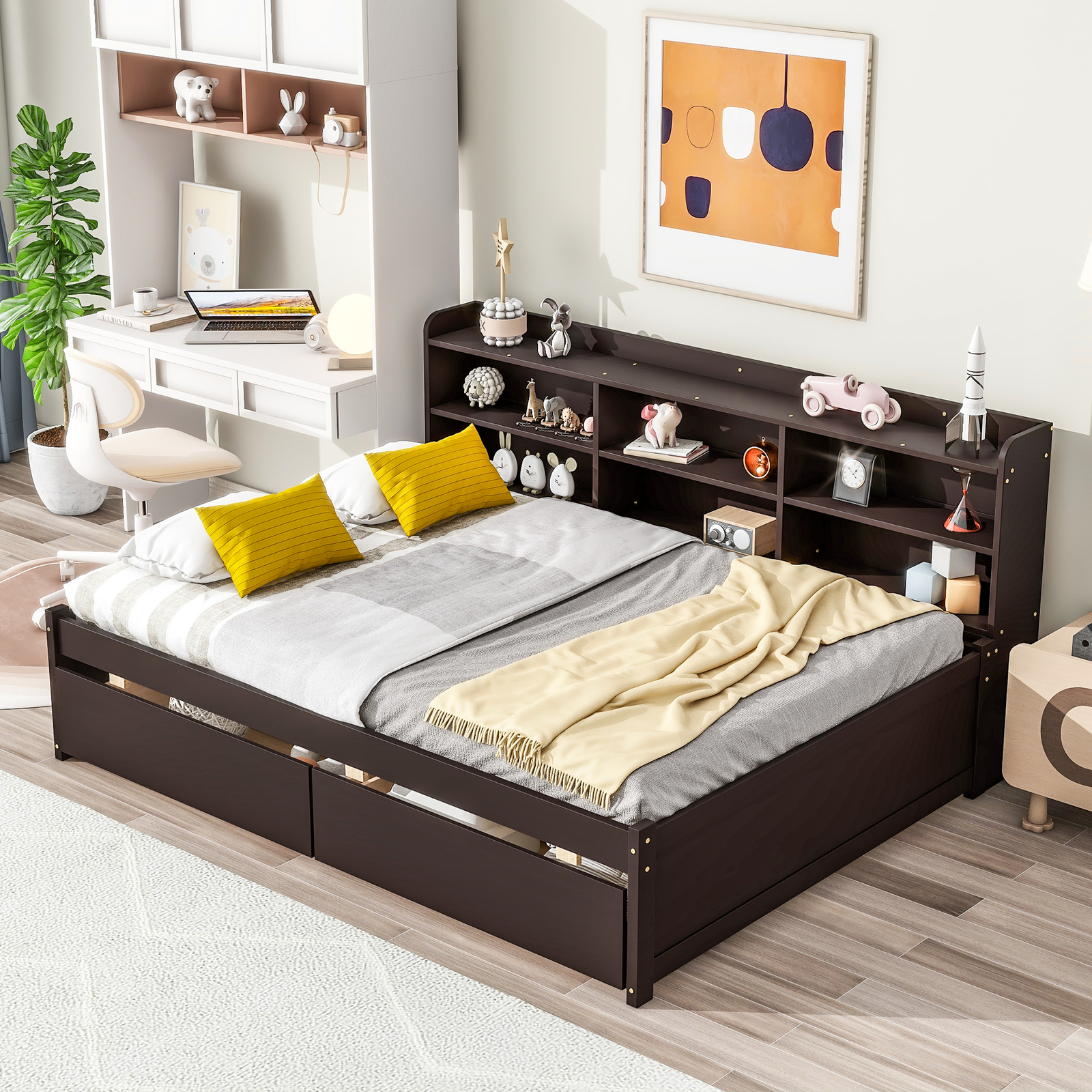 With Side Bookcase Shelves Drawers Wooden Slatted Espresso