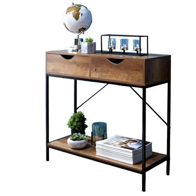 2 Drawer Console Table Black Metal Frame Wooden Drawers and