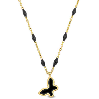 Pre-owned Amour 14k Yellow Gold Black Enamel Butterfly Station 16" Necklace