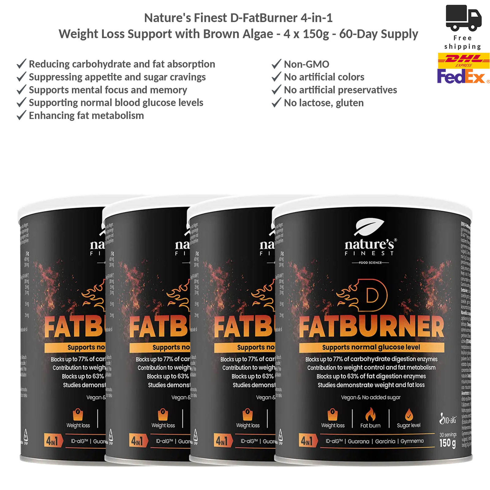 Nature's Finest D-FatBurner 4-in-1 Vegan Weight Loss Support with Inulin 4x150g - Picture 1 of 10