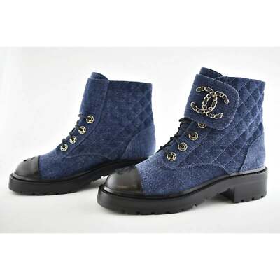 Pre-owned Chanel 21a Blue Black Quilted Cc Chain Combat Lace Up Tie Ankle Short Boots 38.5