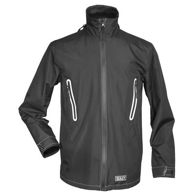 SEALEY HEATED RAIN JACKET 5V - SMALL. WATERPROOF JACKET WITH THREE CARBON FIBRE