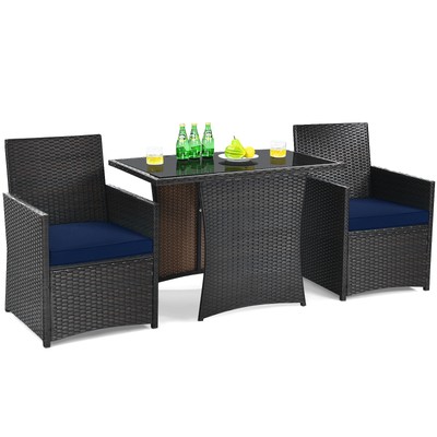 Patiojoy Patio 3PCS Rattan Furniture Set Cushion Sofa Armrest Garden Deck Navy