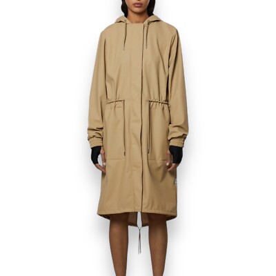 Rains Jacket Women s XS Beige Parka Waterproof Hood Drawstring Sand 18550 String