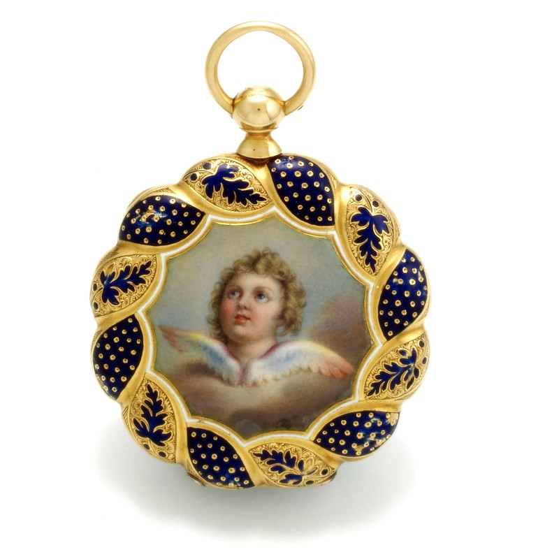 ANTIQUE GOLD ENAMEL KEYWIND POCKET WATCH C1880S | 18K CHERUB