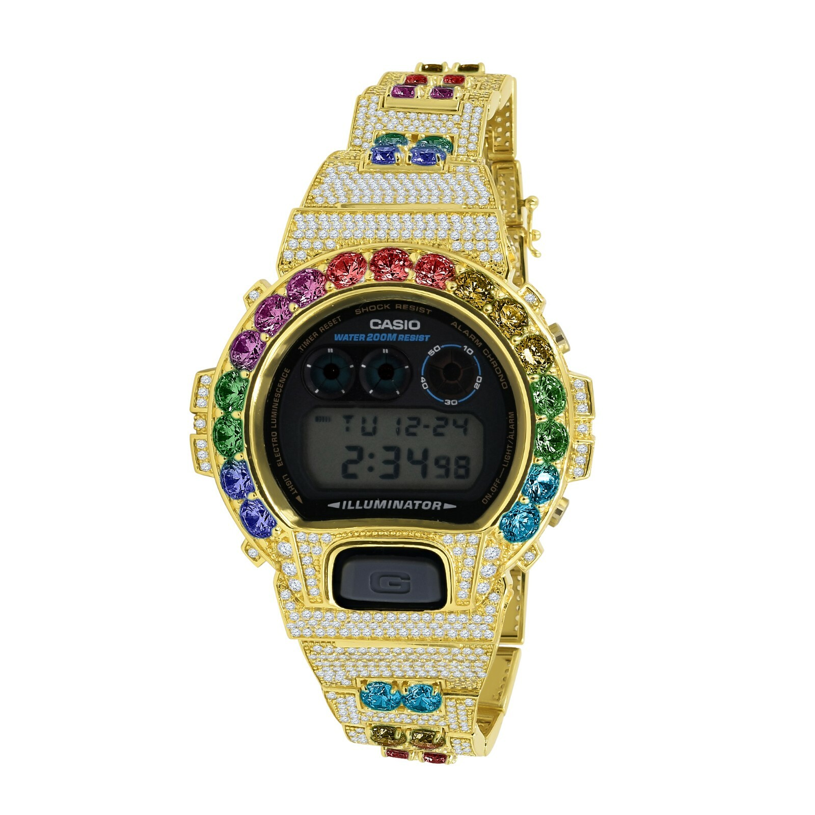 Pre-owned G-shock Authentic Custom  Dw 6900 Casio Rainbow Solitaire Gold Multi Tone Watch