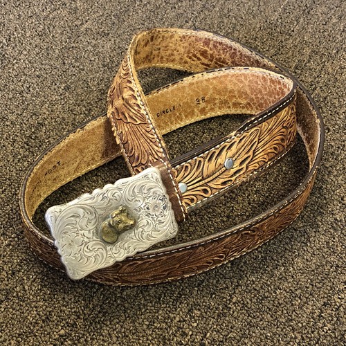 Vintage Diablo Sterling Silver Cowboy Bull Western Belt Buckle W/ Tooled Leather