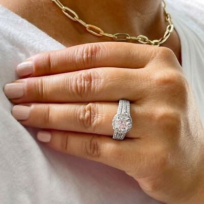 Pre-owned Halo 14k White Gold Round Simulated Diamond Engagement Ring  Triple Shank 2.50ct