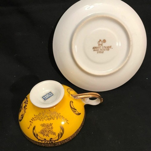 VINTAGE ARNART 5TH AVE HAND PAINTED TEACUP & SAUCER YELLOW GOLD #2056 JAPAN