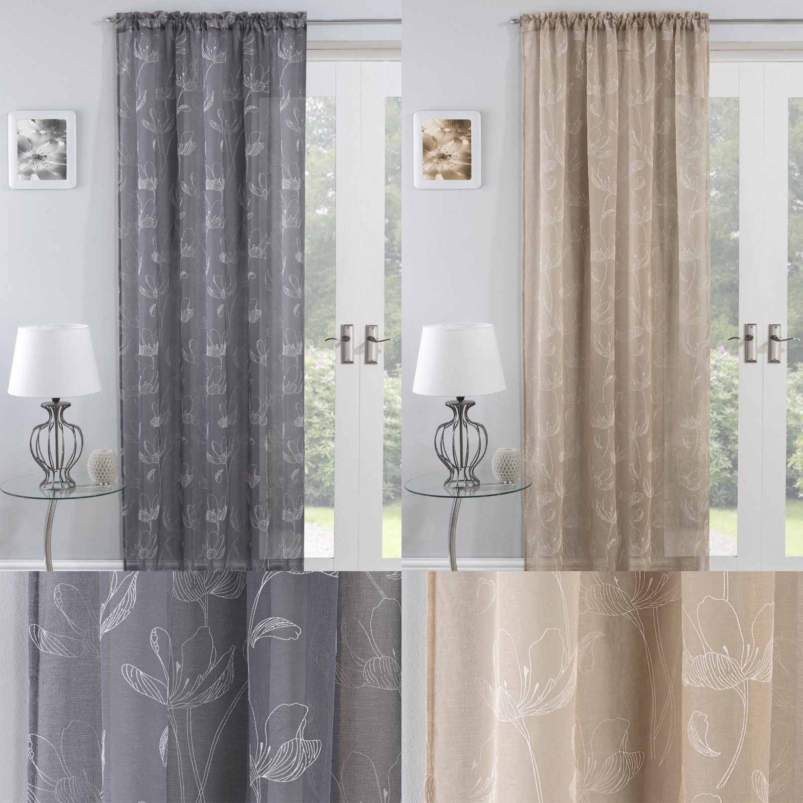 Freya Floral Print Voile Net Curtain Ready Made Slot Top Rod