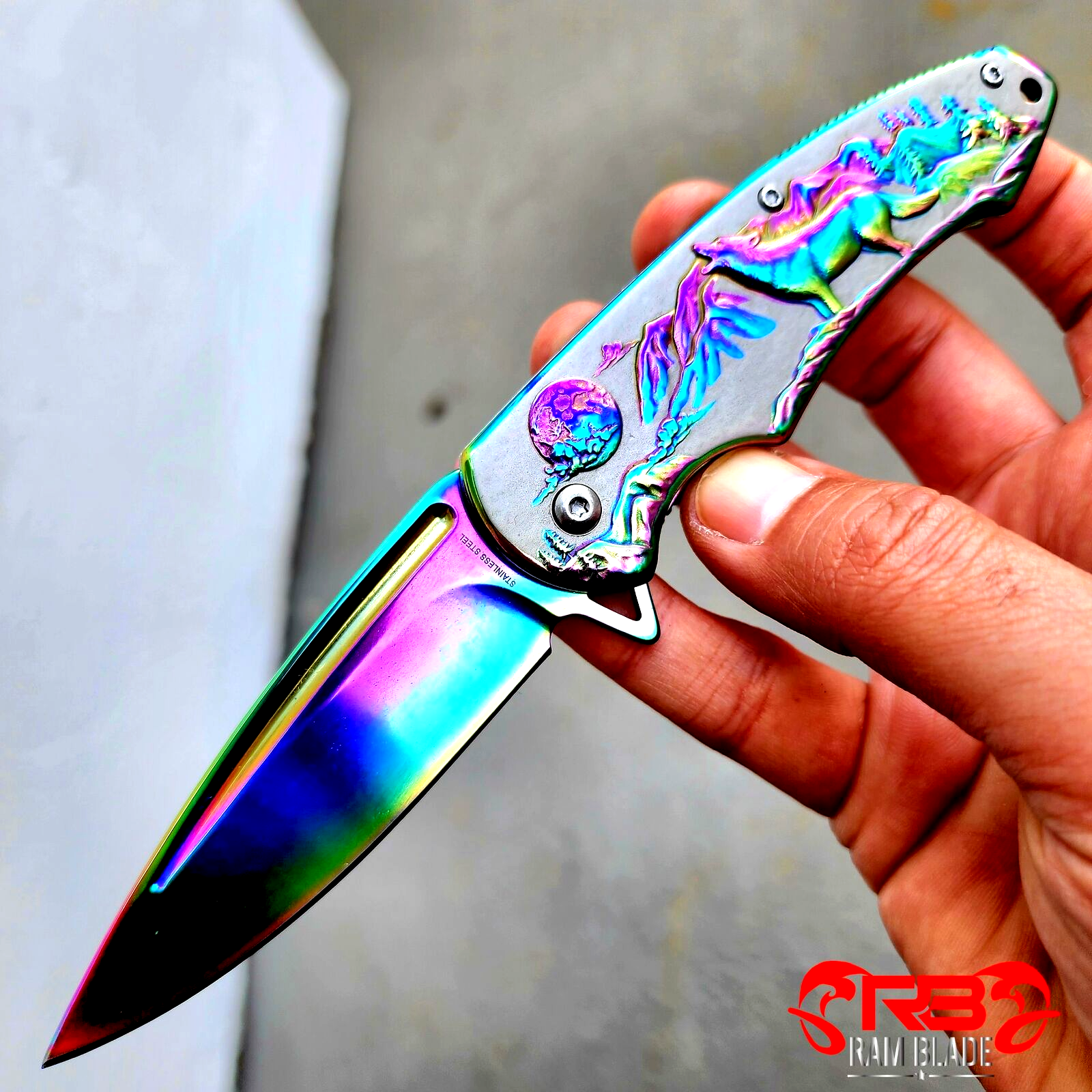 8" Rainbow Color Tactical Wolf Handle Spring Assisted Open F