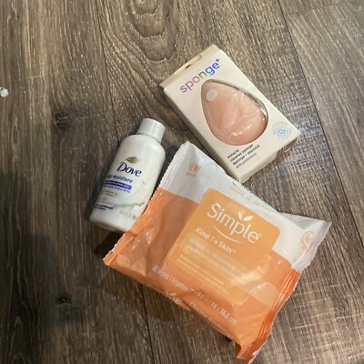 SIMPLE 25  Cleansing face wipes . Dove Deep Moisture. Real Techniques Sponge +.