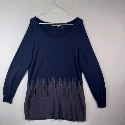 Soft Surroundings Navy Blue & Metallic Silver Pullover Tunic Sweater Size Large
