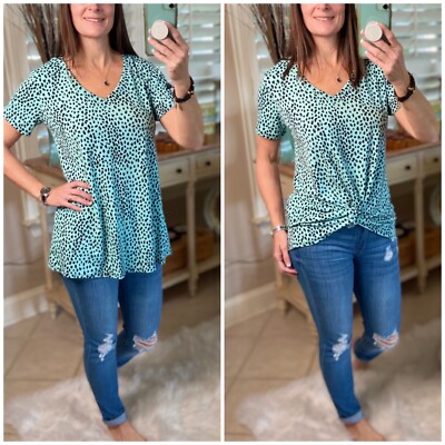 Leopard Animal Short Sleeve V-Neck Bottom Floaty Top Mint Black S/M/L