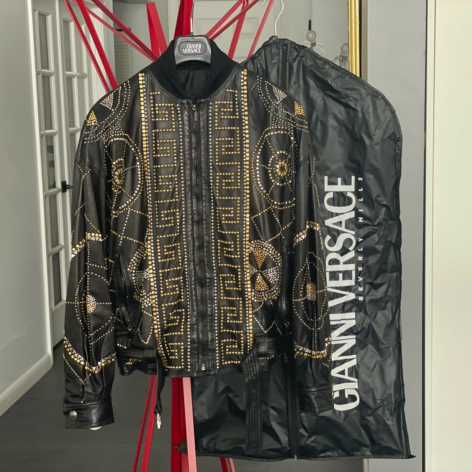 GIANNI VERSACE Black Leather Jacket with Greek Key Studded GIANNI VERSACE Black Leather Jacket with Greek Key Studded