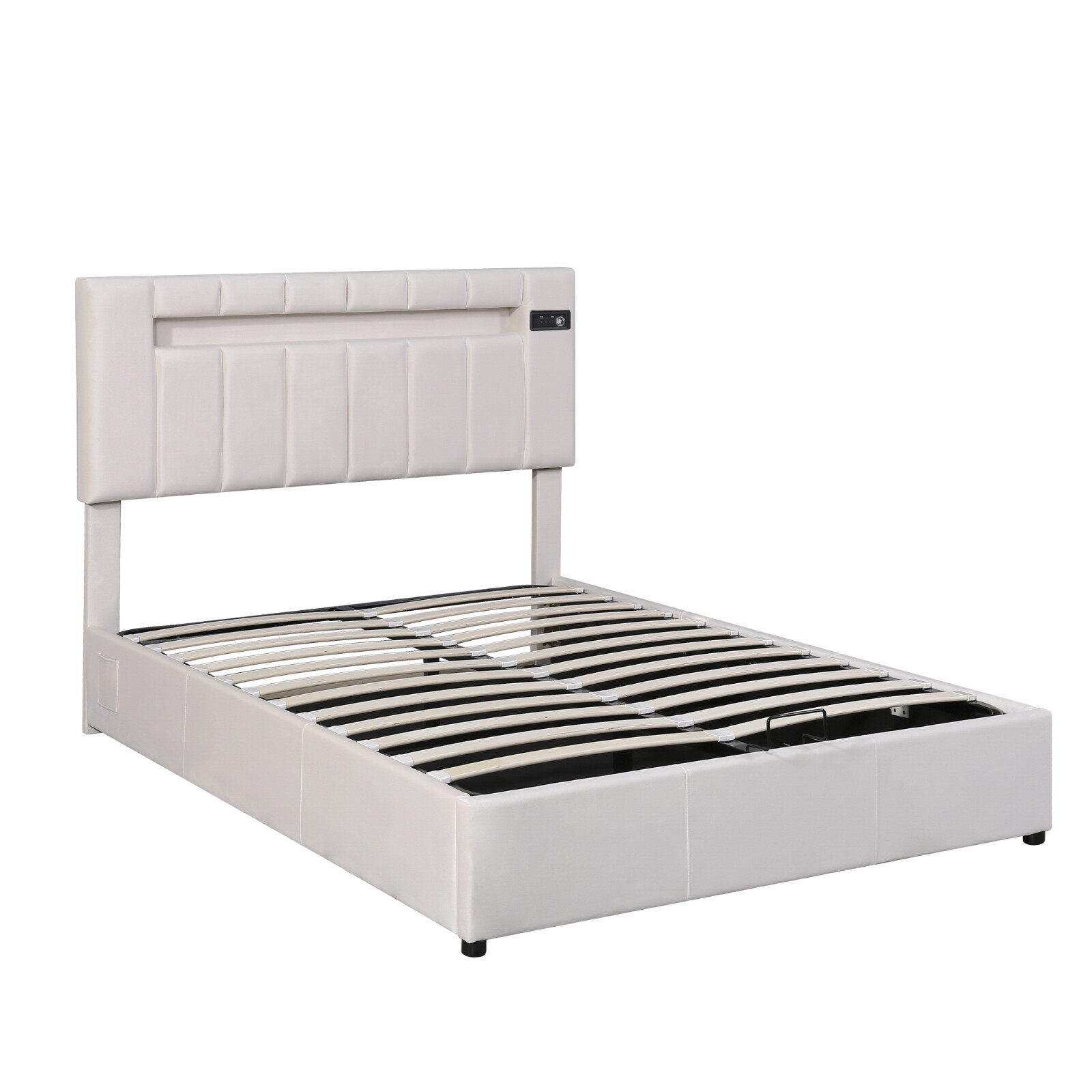 Gas Lift Up Platform Bed Frame with Storage & Wingback LED USB Headboard 2023