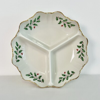 Lenox Holiday 3 Compartment  Divided Serving Bowl Dish 8'' Diameter Holly Berries
