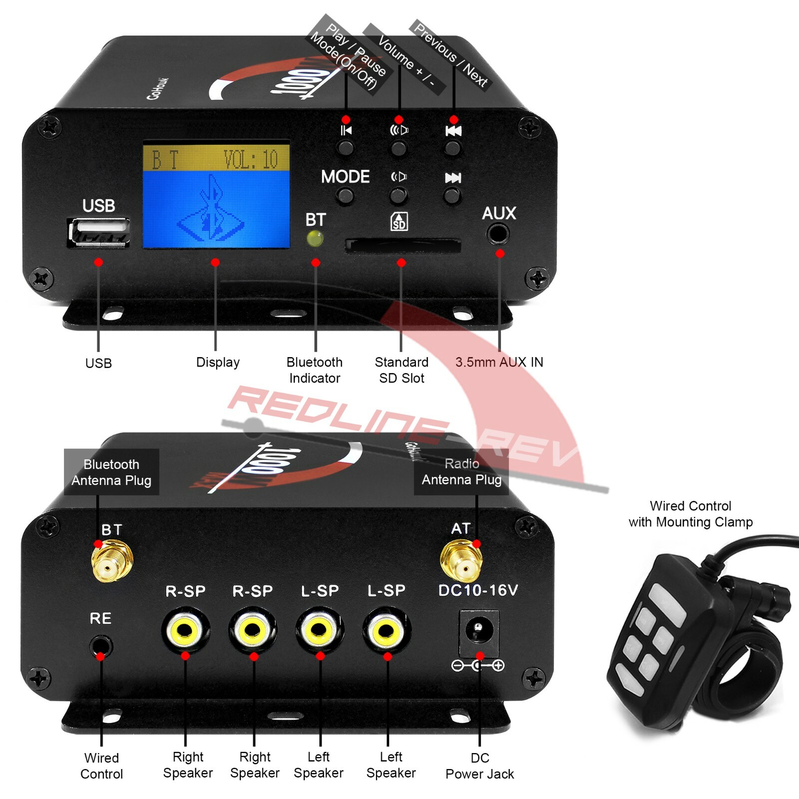 1000W Amp Motorcycle Waterproof Bluetooth Stereo 4-Speakers Audio MP3 System ATV