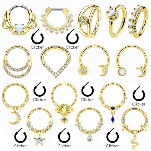 Surgical Steel Hinged Nose Rings Hoop 16G Septum Clicker Ring Earrings Gold- ONE