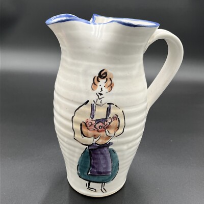 Vintage Studio Art Pottery Pitcher Two Ladies Holding Flowers Signed Cox? 8.5''