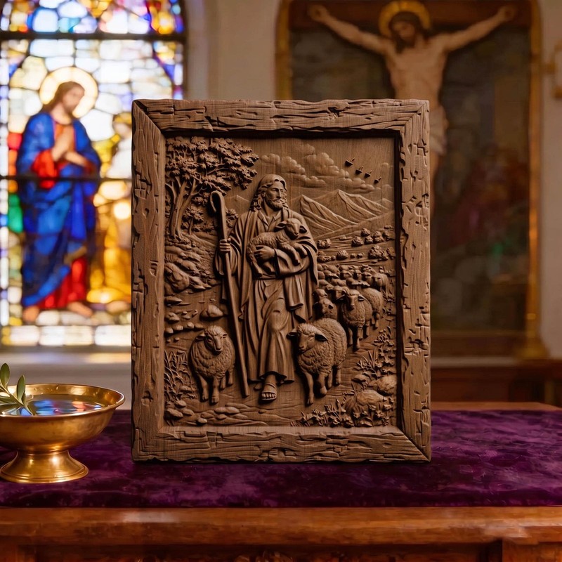 Jesus Christ the Good Shepherd Wooden Carved Handmade Christian Icon Home Decor