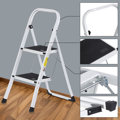 2 Steps Ladder Folding Anti-Slip Safety Tread Industrial Use 350Lbs Load Indoor