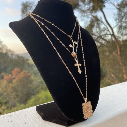 Gold Plated Layered Rose Cross Chain Necklace Gold Plated Layered Rose Cross Chain Necklace