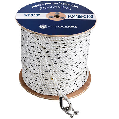 Anchor Line 1/2 inch x 100 ft - Rope Line 3-Strand White Thimble & Shackle