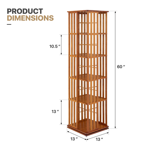 5 Tiers Brown Bamboo Rotating Bookshelf Open Shelving Storage Rack Freestanding