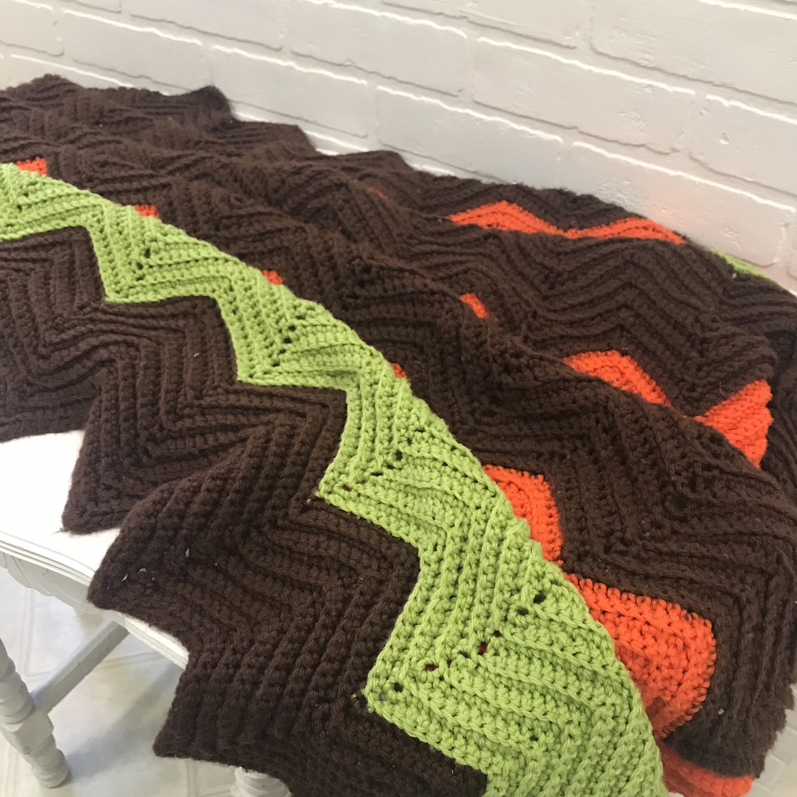 Vintage Hand Crocheted Granny Afghan Blanket Throw Orange Green Brown