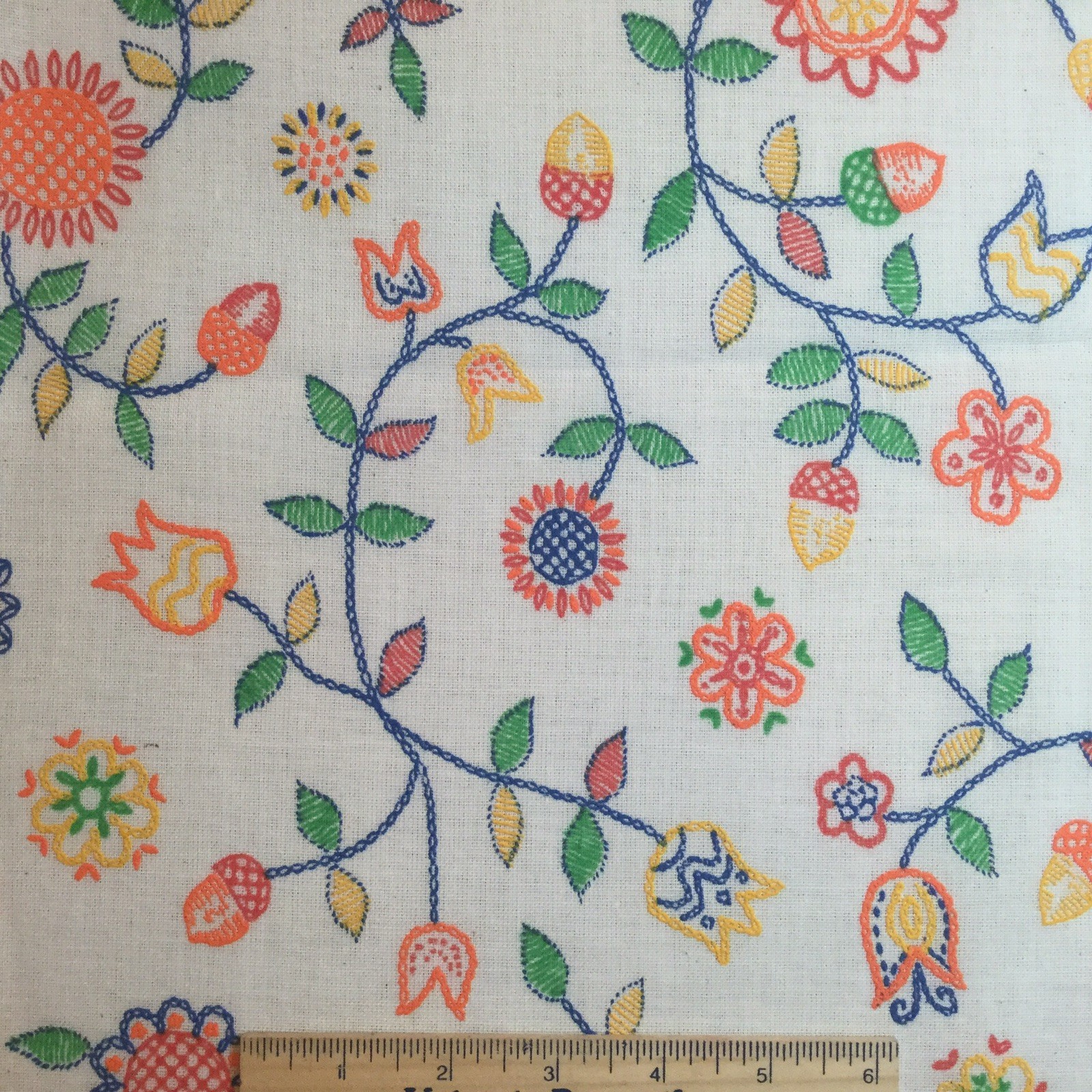 2 Yds Vtg TG&Y HOPSACKING FABRIC Faux Embroidery Flowers Cotton Blend 45