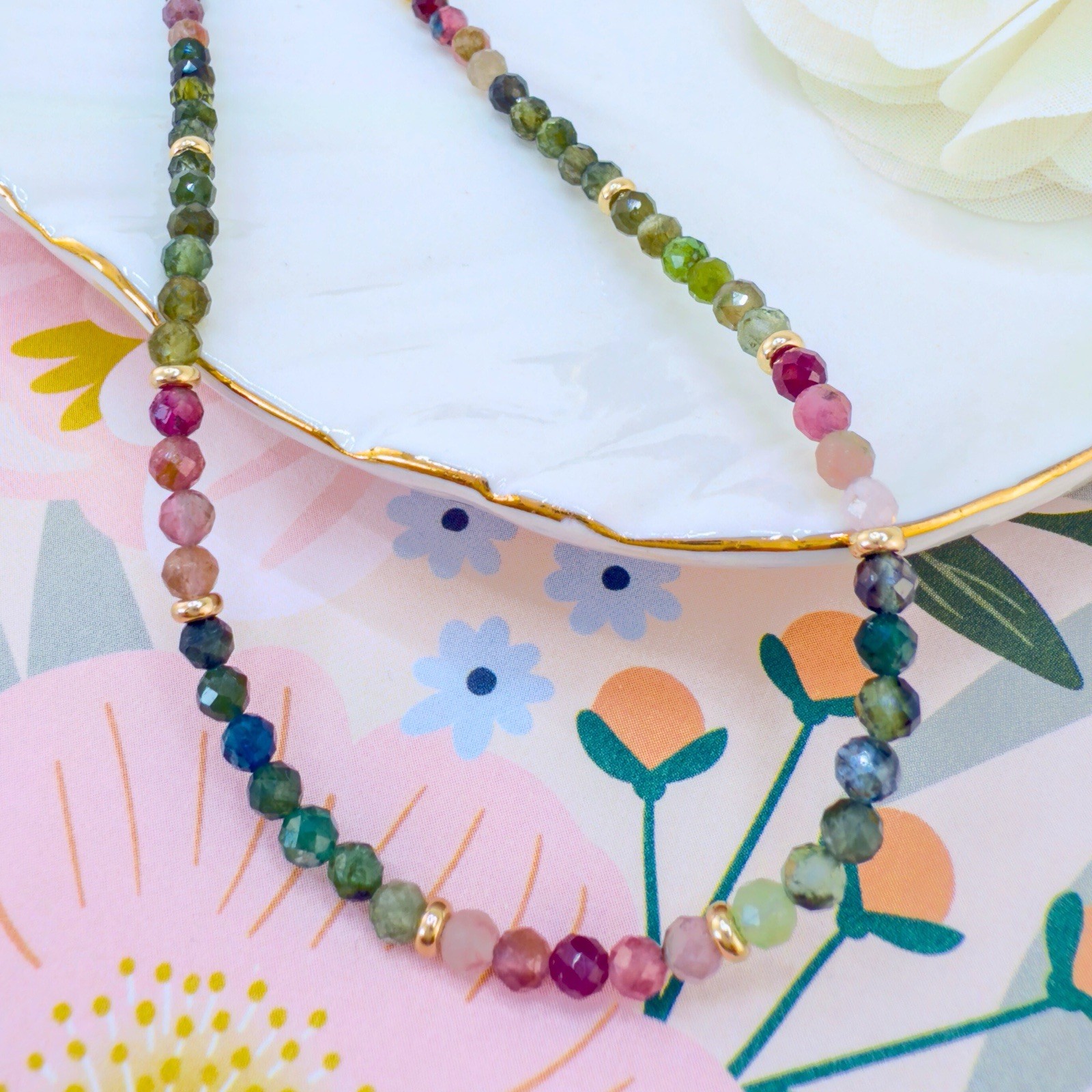 14k Yellow Gold Multicolor Tourmaline Bead Necklace, New 16