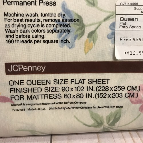 Vintage JCPenney Queen Flat Sheet Early Spring Floral No Iron NOS USA