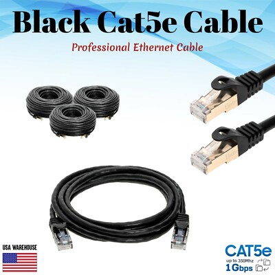 Cat5e Ethernet Patch Cable Black 1.5 3 5 6 7 10 15 20 25 30 50 75 100 200 FT Lot