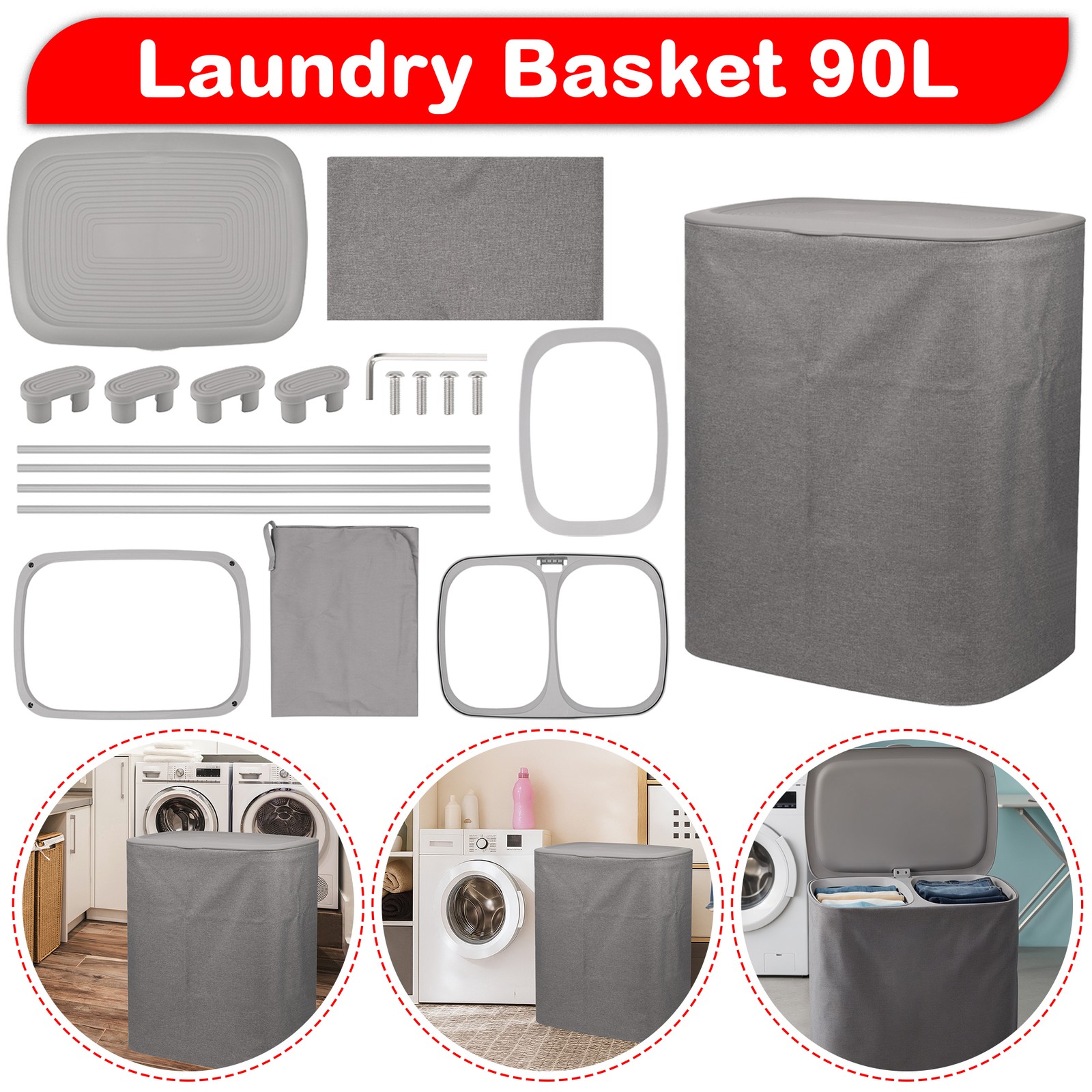 90L Separation Laundry Basket Dual Compartment Foldable Washing Storage Lid
