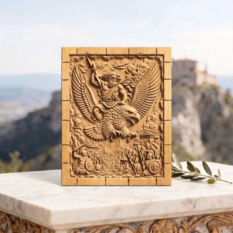 Zeus Riding His Eagle - Ancient Greek Mythology Wood Carved Bas Relief Panel Art