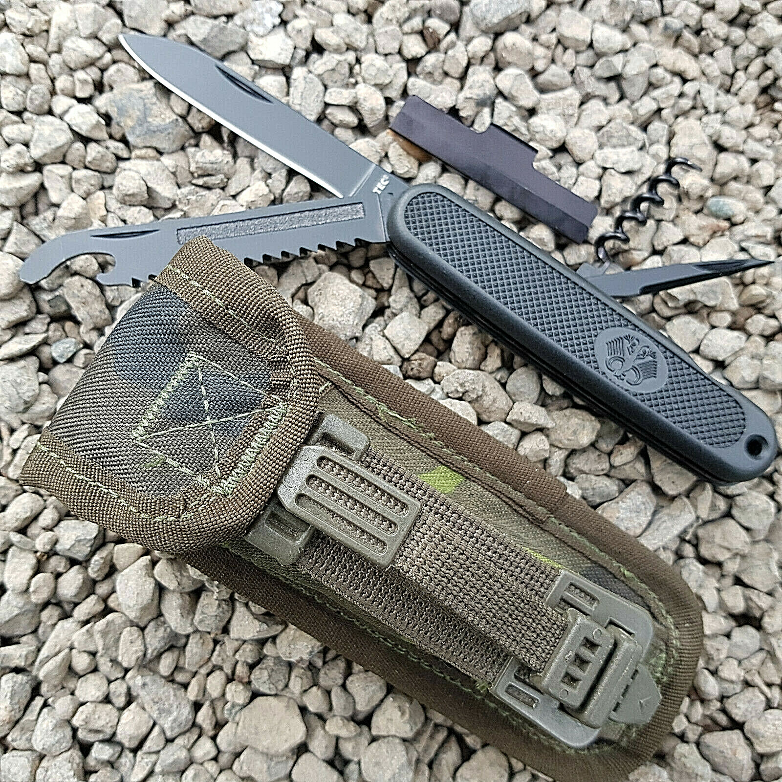  Schwarzes BW Taschenmesser + Armee Messertasche Outdoorset Militär Bunderwehr